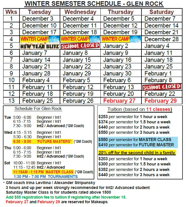 Winter 2019 SEMESTER SCHEDULE - GLEN ROCK 