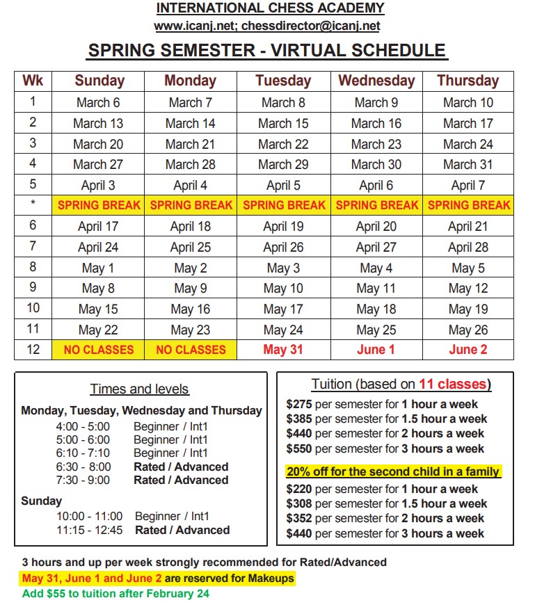 2022 Spring Virtual Chess Classes Schedule